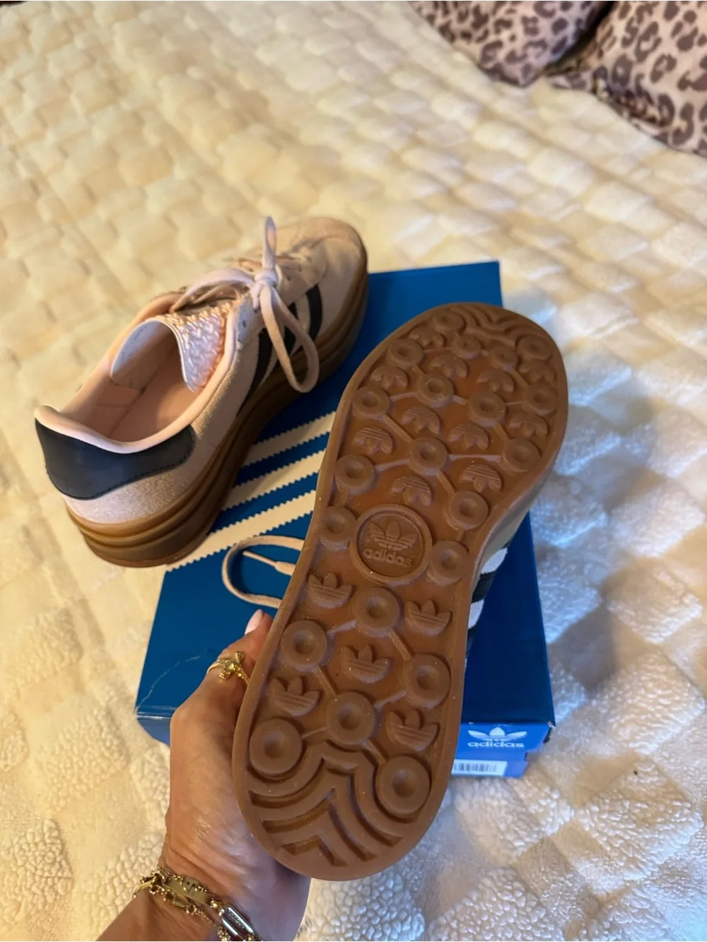adidas Women’s Gazelle Platform Sneakers in Beige with Black Stripes